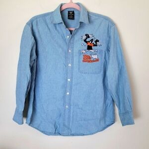 Warner brothers daffy duck 'stressed' denim button down shirt, women's size XS